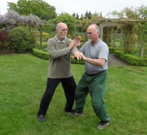 Ian Deavin pushes hands with his teacher Karel Koskuba