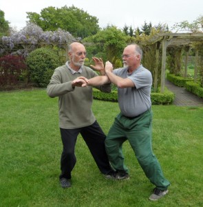 Ian Deavin pushes hands with his teacher Karel Koskuba