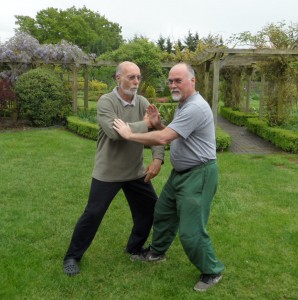 Ian Deavin pushes hands with his teacher Karel Koskuba