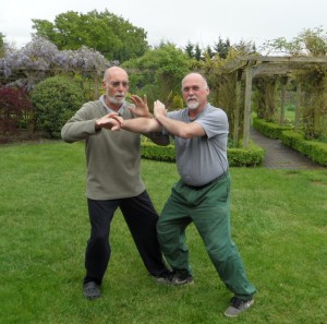 Ian Deavin pushes hands with his teacher Karel Koskuba