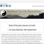 Rule of Six puts classes on hold - no class Monday 14th September - September 2020 Newsletter from Shefford Tai Chi